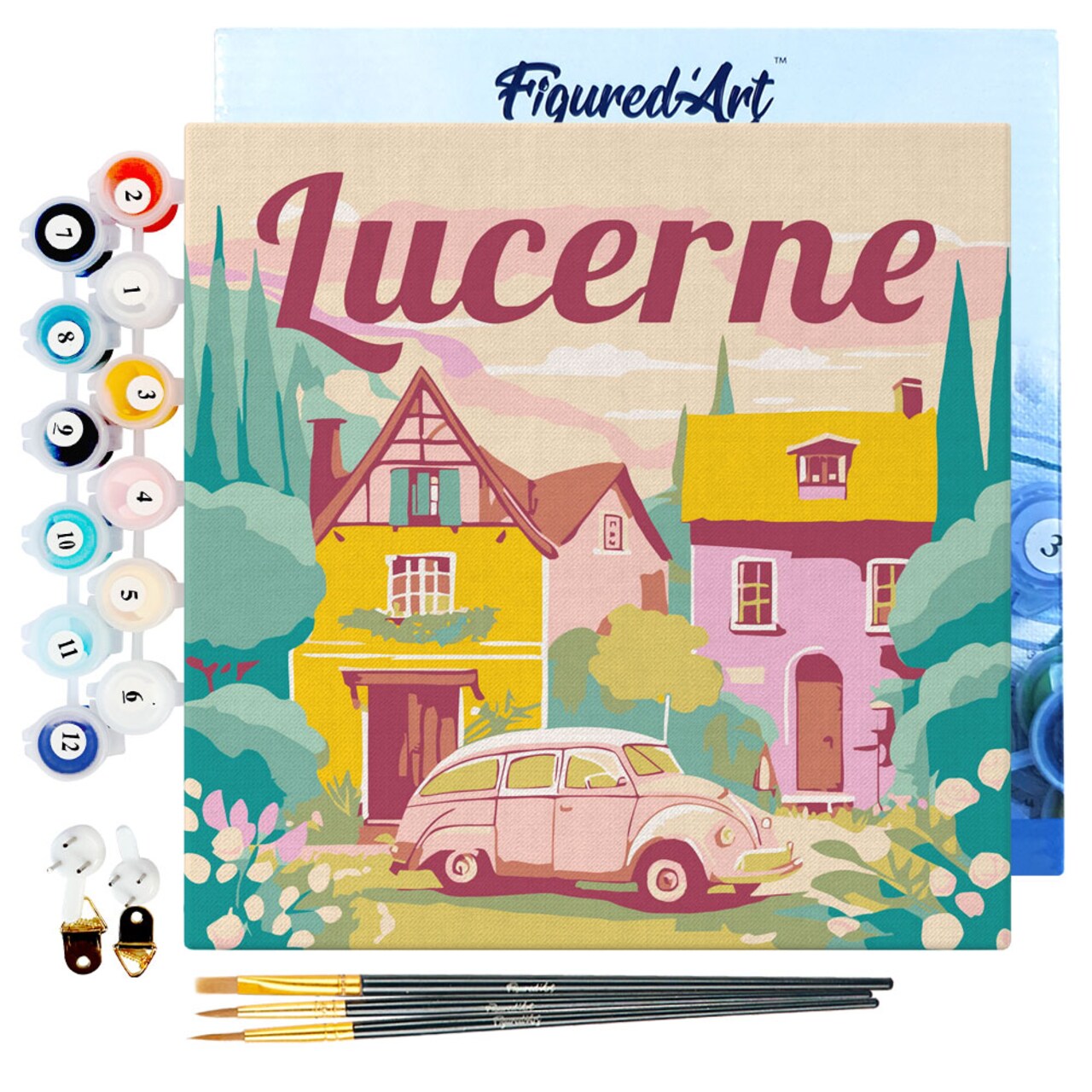 Figured'Art Mini Paint by Numbers Kit for Adults with Frame Travel Poster Lucerne Small format 8"x8" - Craft Art Painting DIY Canvas Already Stretched on a Wooden Frame